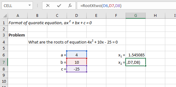 Excel Roots of Quadratic Equation 6